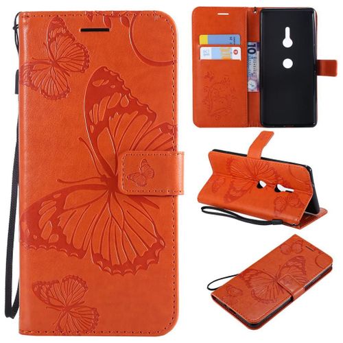 Sony Xperia Xz3 Coque, Saturcase Papillon Gaufrage Pu Cuir Magnétique Flip Portefeuille Support Porte-Carte Protecteur Coque Housse Étui Avec Dragonne Pour Sony Xperia Xz3 (Orange)