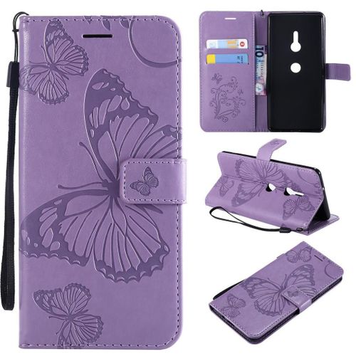 Sony Xperia Xz3 Coque, Saturcase Papillon Gaufrage Pu Cuir Magnétique Flip Portefeuille Support Porte-Carte Protecteur Coque Housse Étui Avec Dragonne Pour Sony Xperia Xz3 (Violet)