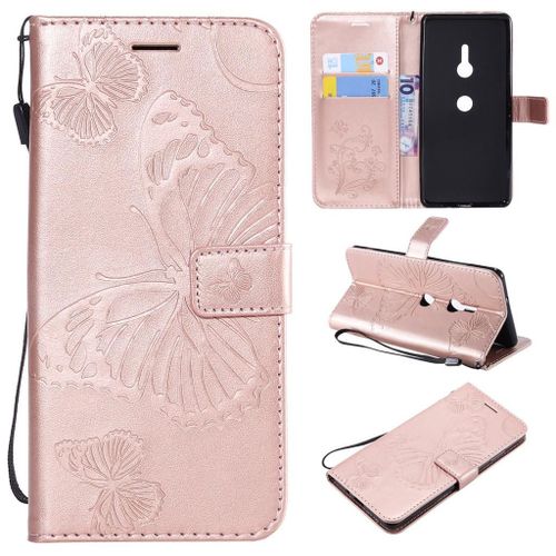 Sony Xperia Xz3 Coque, Saturcase Papillon Gaufrage Pu Cuir Magnétique Flip Portefeuille Support Porte-Carte Protecteur Coque Housse Étui Avec Dragonne Pour Sony Xperia Xz3 (Or Rose)