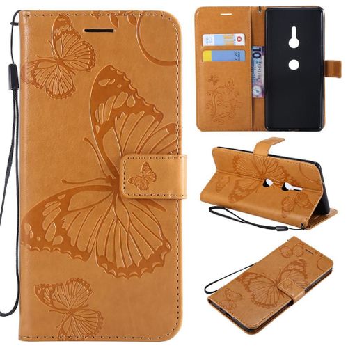 Sony Xperia Xz3 Coque, Saturcase Papillon Gaufrage Pu Cuir Magnétique Flip Portefeuille Support Porte-Carte Protecteur Coque Housse Étui Avec Dragonne Pour Sony Xperia Xz3 (Jaune)