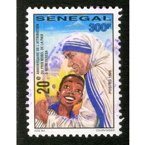 Timbre Oblitéré Sénégal, 20e Anniversaire De L'attribution Du Prix Nobel De La Paix À Mère Teresa, Postes 1999, 300f