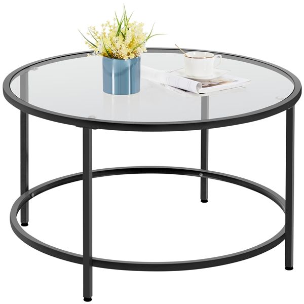 Yaheetech Table Basse Salon, Table Basse Ronde En Verre Trempée, Cadre En Métal, Table D'appoint Pour Canapé Bureau Balcon 80 Cm Noir