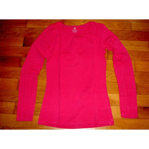 T-Shirt Tee Shirt Manches Longues Col Rond Rose Uni H&m Modèle Basic Taille 12 Ans