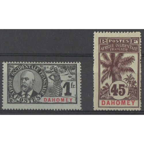 Lot 2 Timbres Afrique Occidentale Française Dahomey 1906-1907 Yvert Et Tellier N°27 Palmier 45c. Et 30 Gouverneur Général Ballay 1fr Neufs* Traces Charnières