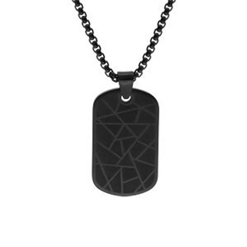 Collier Acier Et Pvd Noir Avec Pendentif Rectangualire Pans Arrondi 35*20mm Motif Traits 55+5cm