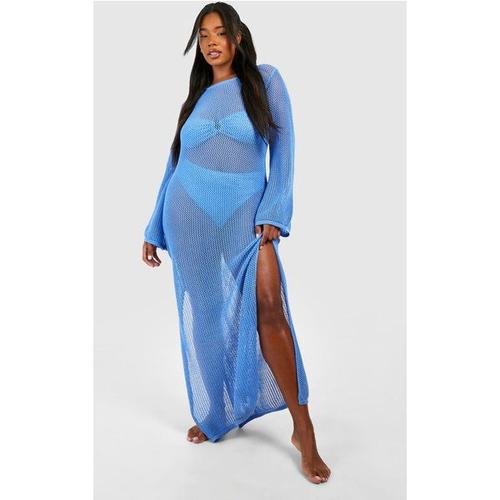 Plus Crochet Cover-Up Beach Maxi Dress - Bleu - 22
