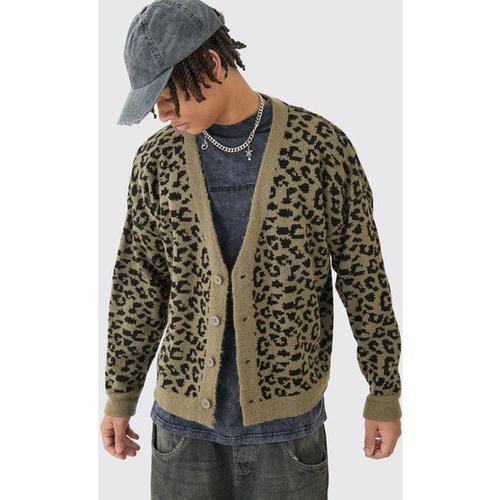 Boxy Oversized Brushed Leopard All Over Jacquard Cardigan Homme - Kaki - S, Kaki