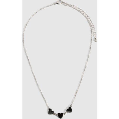 Silver Black Enamel Triple Heart Detail Necklace - Gris - Argent - One Size