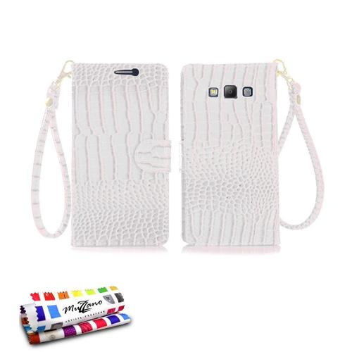 Etui A Rabat Samsung Galaxy A7 A700 (2015) Croco Chic Blanc Eco-Cuir (Pu)