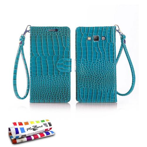 Etui A Rabat Samsung Galaxy A7 A700 (2015) Croco Chic Bleu Eco-Cuir (Pu)