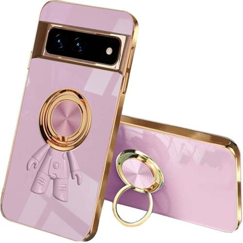 Coque Pour Google Pixel 7, Ultra Mince Élégant En Silicone Souple Galvanoplastie Spaceman Design Coque Antichoc Tpu Etui Avec 360 Degrés Rotation Bague, Mauve