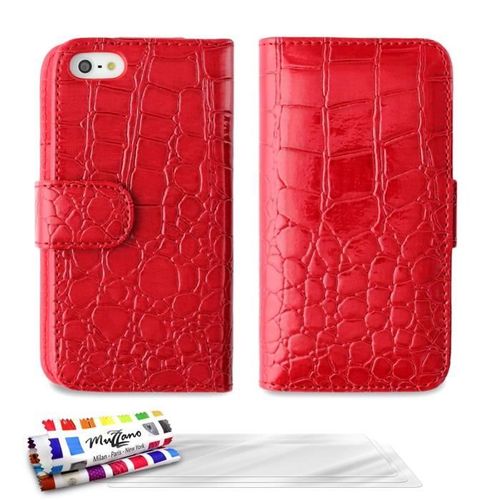 Etui À Rabat Iphone 5 5s Se Croco Chic Rouge Eco-Cuir (Pu) + 3 Films