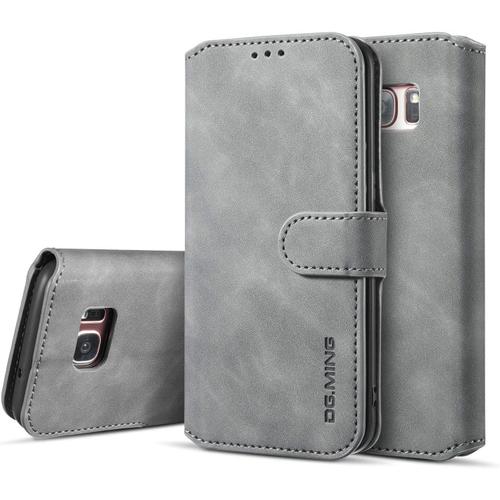 Coque Pour Samsung Galaxy S7 Edge Etui En Cuir Pu Portefeuille Rétro Antichoc Flip Case Housse Avec Fentes De Cartes Fonction Support Fermeture Magnétique Gris