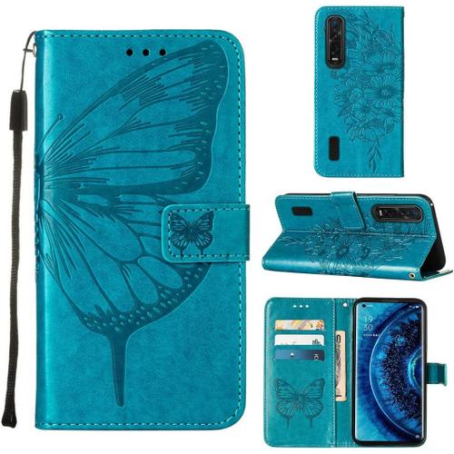 Etui Pour Oppo Find X2 Pro 6 7 Pouces Pu Cuir Housse Flip Coque Papillon En Volant Motif Avec Built Stand Magnetique Fermeture Portefeuille Protection Cas Bleu