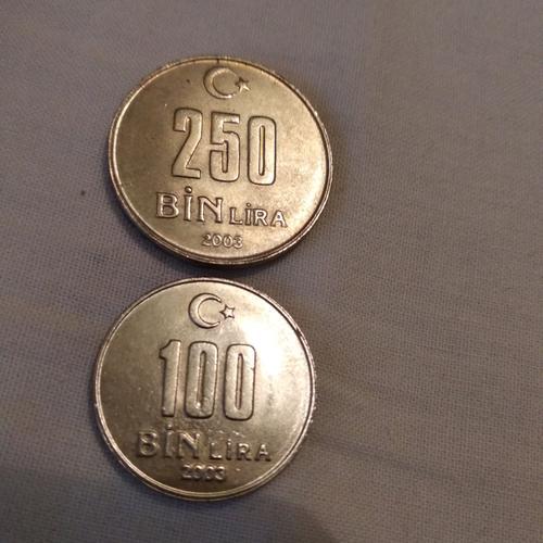 Lot De 2 Pièces Turques De 100 Et 250 Bin Lira 2003