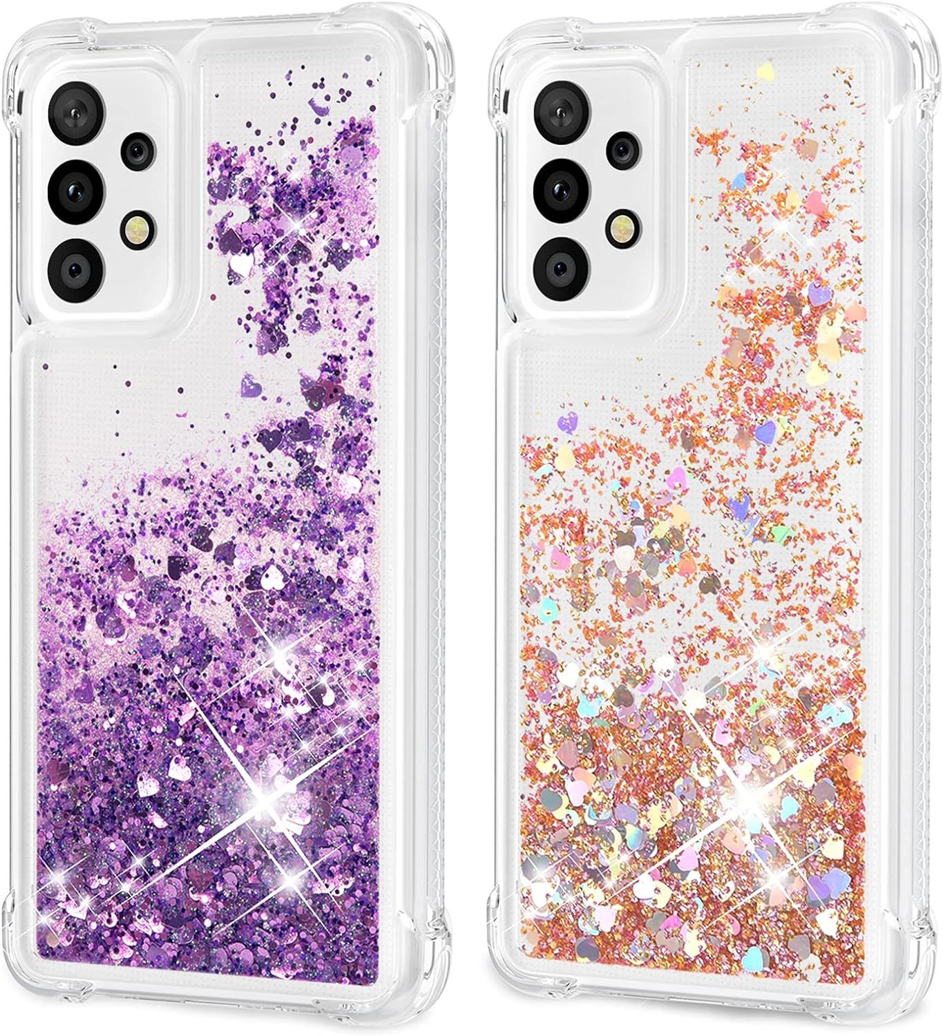 2 Pièces Coque Pour Samsung Galaxy A52 4g/5g Etui Transparent Clear Slim Paillette En Tpu Souple Housse Glitter Flowing Liquide 3d Motif Heart Shape Or & Mauve