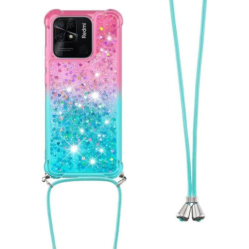 Lanyard Housse Pour Xiaomi Redmi 10c, Brillant Paillette Floating Liquide Tpu Ultra Mince Antichoc Coque Avec Lanyard Case Pour Xiaomi Redmi 10c Ybg Pink Green.