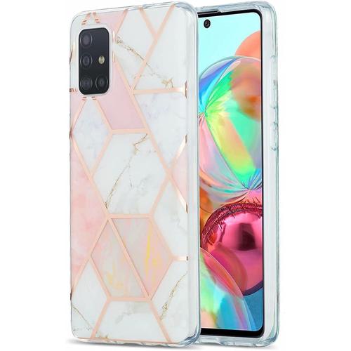 Compatible Avec Coque Samsung Galaxy A71 4g Placage Double Face Imd Splicing Marble Protecteur D'écran Gratuit Dur Tpu Silicone Bumper Antichoc Étui-Rose-Blanc