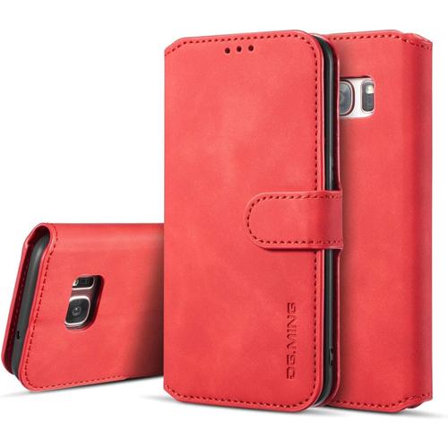 Coque Pour Samsung Galaxy S7 Edge Etui En Cuir Pu Portefeuille Rétro Antichoc Flip Case Housse Avec Fentes De Cartes Fonction Support Fermeture Magnétique Rouge