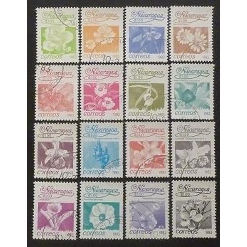 Nicaragua Oblitéré Y Et T N° 1248 À 1263 Lot De 16 Timbres De 1983 Fleurs (Série Complète)
