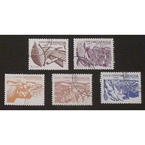 Nicaragua Oblitéré Y Et T N° 1451 1453 1455 1456 1458 Lot De 5 Timbres De 1987 Réforme Agraire