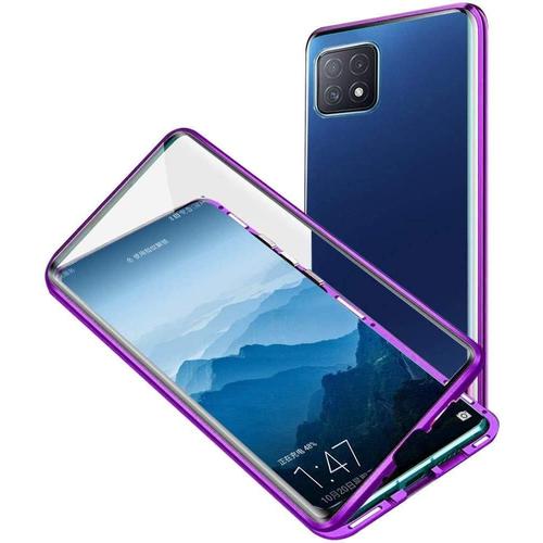 Coque Magnétique Pour Oppo A72 5g 6,5"" Adsorption Magnétique Housse,360 Degrés Antichoc Avant Et Arrière Transparent Verre Trempé Métal Frame Cover Case -Violet