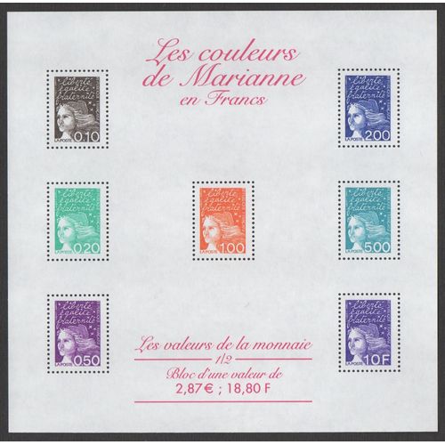 Bloc Feuillet 8 Timbres France 2001 Yvert Et Tellier Bf N°41 Les Couleurs De Marianne En Francs 1/2 Neuf** Gomme Intacte