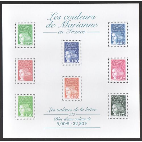 Bloc Feuillet 8 Timbres France 2001 Yvert Et Tellier Bf N°42 Les Couleurs De Marianne En Francs 2/2 Neuf** Gomme Intacte