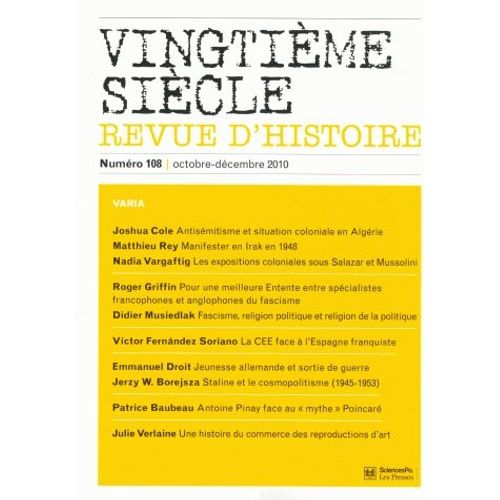 Vingtième Siècle N° 108, Octobre-Déce