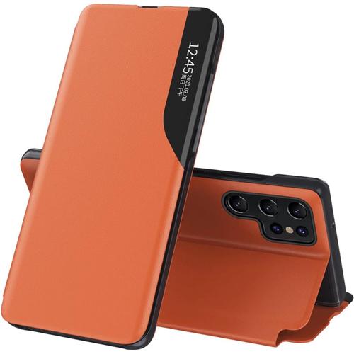 Robuste Housse Pour Telephone Samsung Galaxy S22 Ultra Etui,Placage Miroir Fenêtre Intelligente Hard Pc/Pu Protection Coque Rugged Armor Bumper Case Cover-Orange