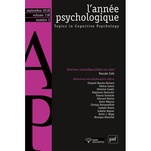 L'année Psychologique Volume 118 N° 3, Septembre 2018
