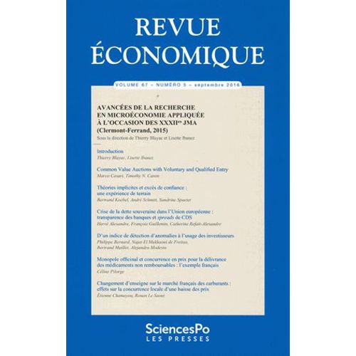 Revue Économique Volume 67 N° 5, Septembre 2016 - Avancées De La Recherche En Microéconomie Appliquée À L'occasion Des 32e Jma (Clermont-Ferrand, 2015)