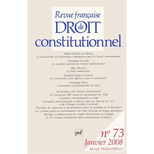 Revue Française De Droit Constitutionnel N° 73, Janvier 2008
