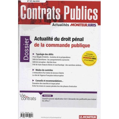 Contrats Publics N° 187, Mai 2018 - Actualité Du Droit Pénal De La Commande Publique