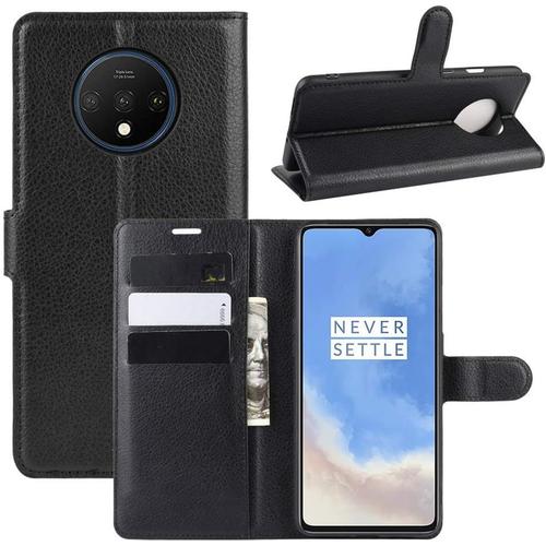 Étui Pour Oneplus 7t 6 55 Pouces Pu Cuir Housse Flip Coque Litchi Motif Avec Built Stand Et Magnétique Fermeture Carte Slot Portefeuille Shell De Protection Noir