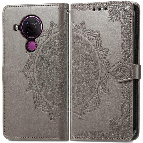 Coque Nokia 5.4, Pu/Tpu Cuir Flip Portefeuille Étui Housse De Protection Avec Espèces Et Carte Fente, Conception De Fleurs Vintage, Wallet Protection Cover Gris