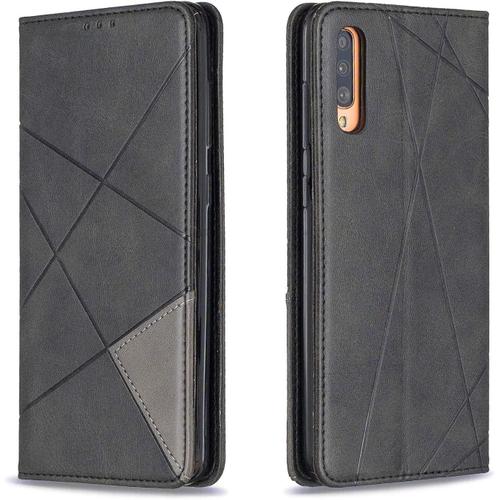 Coque Pour Samsung Galaxy A70 Premium Cuir Flip Wallet Cover Étui Housse En Cuir À Rabat Avec Porte Carte Phone Case Cuir Étui Pour Samsung Galaxy A70 Rhombe Noir