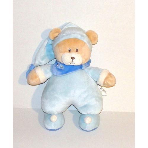 Doudou Ours Bleu Bandana Bonnet De Nuit Peluche 30 Cm