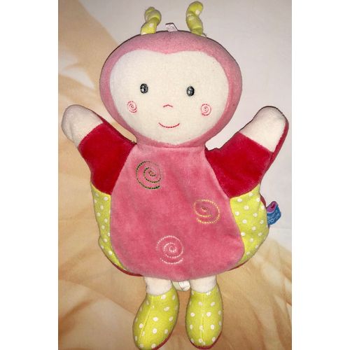 Doudou Marionnette Coccinelle Sucre D'orge Poupée Fille Pois Rose Vert 24 Cm