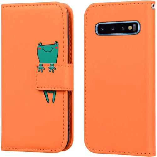 Coque Compatible Avec Samsung Galaxy S10 Plus, Portefeuille Housse En Cuir Pu 3d Grenouille Dessin Animé, Tenphone Etui Coque Pour Samsung Galaxy S10 Plus, Orange