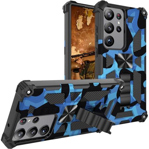 Coque Pour Samsung Galaxy S23 Ultra, Military Grade Camouflage Design Housse Étui Renforcée Antichoc Anti-Chute Bumper Case Pour Samsung Galaxy S23 Ultra. Yh Blue