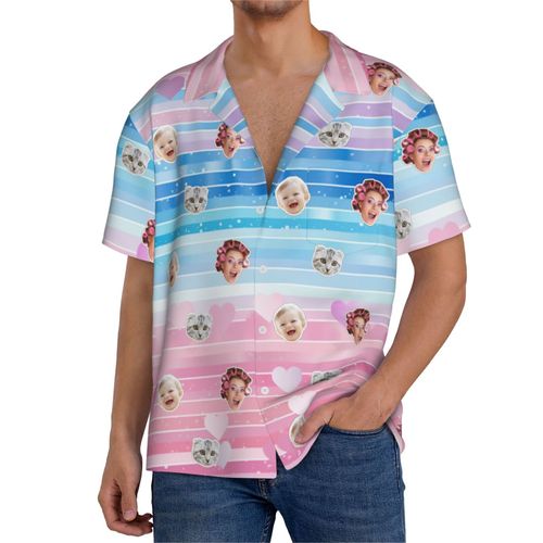 Chemises Hawaïennes Pour Hommes Personnalisées Ombre À Paillettes Coeur Rose 5 Estivale À Manches Courtes Avec Photo De Votre Animal Compagnie, De Votre Bébé Ou Sur La Plage Cuba