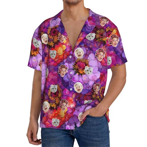 Chemises Hawaïennes Pour Hommes Personnalisées Motif D'encre À L'alcool Floral Zinnia Elegans 4 Estivale À Manches Courtes Avec Photo De Votre Animal Compagnie, De Votre Bébé Ou Sur La Plage Cuba