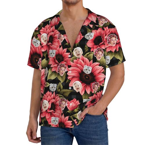 Chemises Hawaïennes Pour Hommes Personnalisées Tournesols Vichy Roses 7 Estivale À Manches Courtes Avec Photo De Votre Animal Compagnie, De Votre Bébé Ou Sur La Plage Cuba