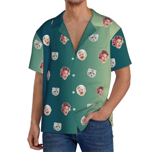Chemises Hawaïennes Pour Hommes Personnalisées Dégradés Colorés Exotiques Sarcelle 33 Estivale À Manches Courtes Avec Photo De Votre Animal Compagnie, De Votre Bébé Ou Sur La Plage Cuba