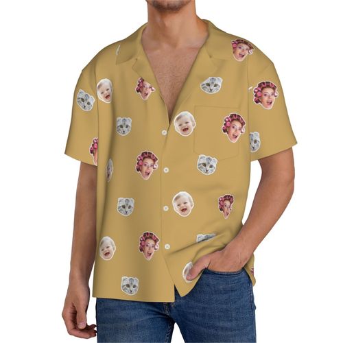Chemises Hawaïennes Pour Hommes Personnalisées Brun Caramel Estivale À Manches Courtes Avec Photo De Votre Animal Compagnie, De Votre Bébé Ou Sur La Plage Cuba