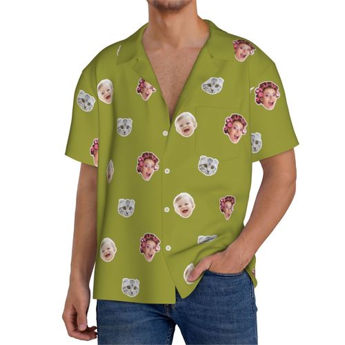 Chemises Hawaïennes Pour Hommes Personnalisées Olive Verte Estivale À Manches Courtes Avec Photo De Votre Animal Compagnie, De Votre Bébé Ou Sur La Plage Cuba