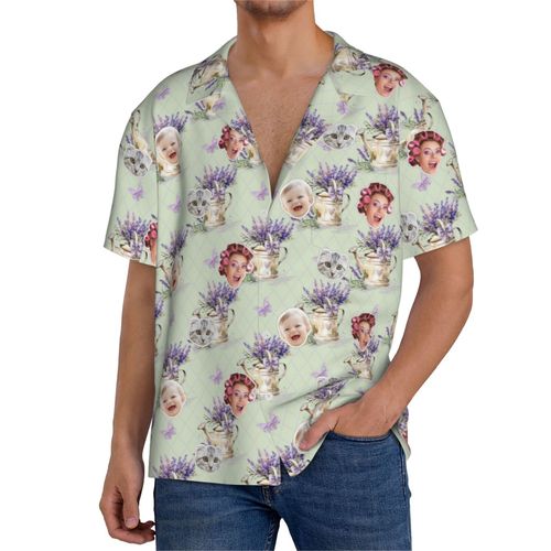 Chemises Hawaïennes Pour Hommes Personnalisées Aquarelle Lavande 4 Estivale À Manches Courtes Avec Photo De Votre Animal Compagnie, De Votre Bébé Ou Sur La Plage Cuba