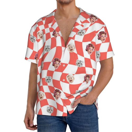 Chemises Hawaïennes Pour Hommes Personnalisées Damier Déformé Ondulé 2 Estivale À Manches Courtes Avec Photo De Votre Animal Compagnie, De Votre Bébé Ou Sur La Plage Cuba