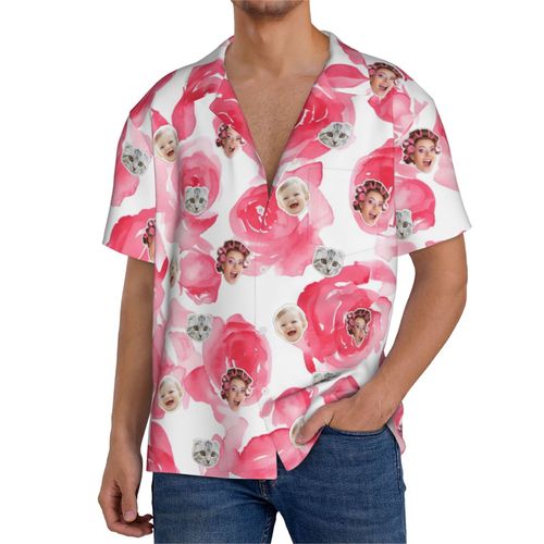 Chemises Hawaïennes Pour Hommes Personnalisées Aquarelle Roses Roses Shabby Chic12 Estivale À Manches Courtes Avec Photo De Votre Animal Compagnie, De Votre Bébé Ou Sur La Plage Cuba